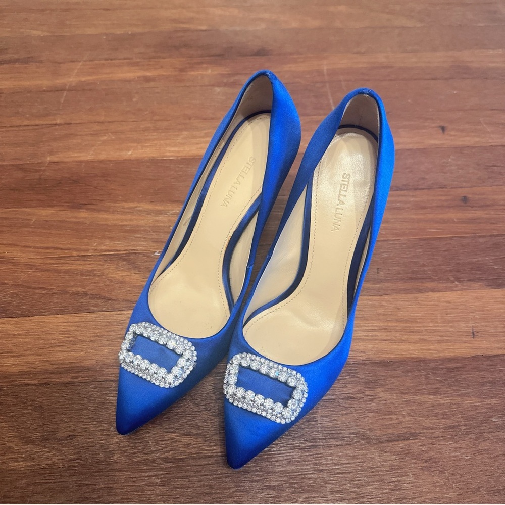 Stella Luna Blue Satin Crystal Buckle Pointed Toe Pumps 10cm Heel 37 Wedding